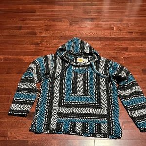 Baja hoodie/drug rug Black blue and white large